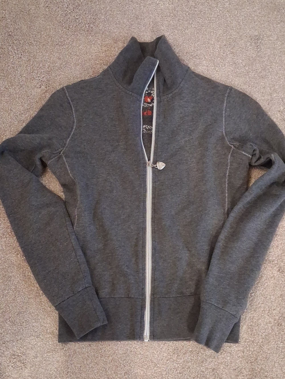 Twisted Heart Gray Full-Zip Jacket With Graphic Y2K Bling Embellished Crown XS-S